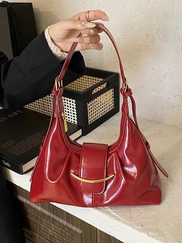 Borsa Sottobraccio Increspata di Nicchia Francese Borsa a Tracolla in Pelle PU Lucida Con Fibbia Luna in Metallo Retrò