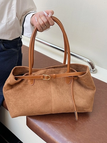 Vintage Faux Suede Tote Bag Large Capacity Minimalist Patchwork Shoulder Bag Solid Color Retro Commuter Bucket Bag Women