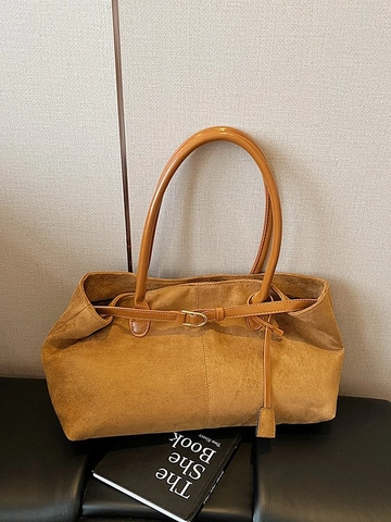 Vintage Faux Suede Tote Bag Large Capacity Minimalist Patchwork Shoulder Bag Solid Color Retro Commuter Bucket Bag Women