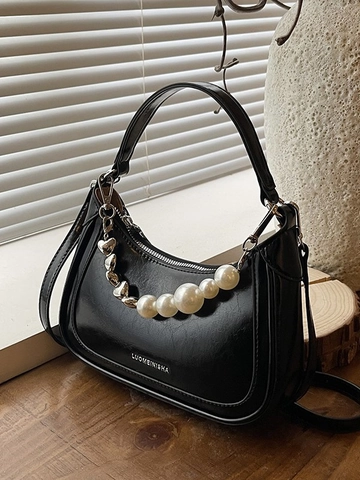 Bolso de Mano para Mujer Exquisito Bolso de Cuero PU Decoración de Cadena de Corazón y Perla Bolso Hobo de Media Luna