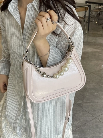 Bolso de Mano para Mujer Exquisito Bolso de Cuero PU Decoración de Cadena de Corazón y Perla Bolso Hobo de Media Luna