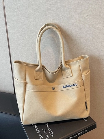 Japanese Style Canvas Tote Bag For Women Large Capacity Minimalist Letter Embroidered Shoulder Handbag Casual School Bag