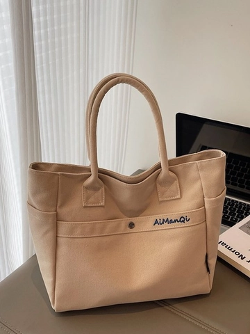 Japanese Style Canvas Tote Bag For Women Large Capacity Minimalist Letter Embroidered Shoulder Handbag Casual School Bag