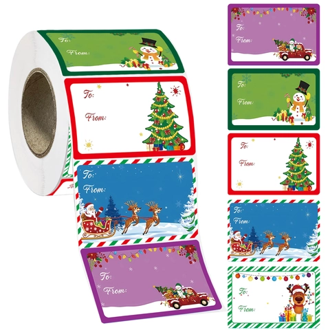 Christmas Gift Tag Stickers Roll For Gift Wrapping To From Labels Cartoon Santa Reindeer Adhesive Decorative Name Tags