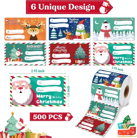 Christmas Gift Tag Stickers Roll Self Adhesive Labels With To From Signature Space For Holiday Decoration Reindeer Santa Labels
