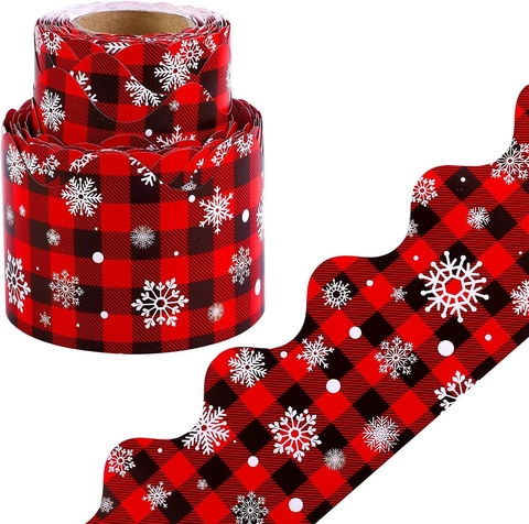 Buffalo Plaid Snowflake Christmas Bulletin Board Border Scalloped Edge Trim For Classroom School Office Festive Wall Decoration Sticker Roll