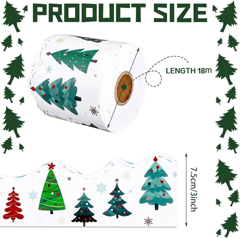 Christmas Bulletin Board Border Trim Scalloped Edge Self-Adhesive Sticker Roll Holiday Tree Snowflake Patterns Classroom Decor