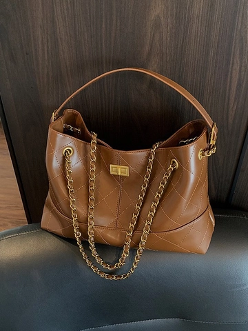 Vintage Gesteppt Kette Tote Bag Für Damen PU Leder Große Kapazität Rautenmuster Pendler Schultertasche Handtasche