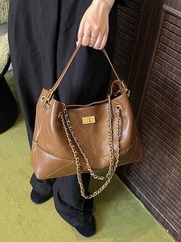 Vintage Gesteppt Kette Tote Bag Für Damen PU Leder Große Kapazität Rautenmuster Pendler Schultertasche Handtasche
