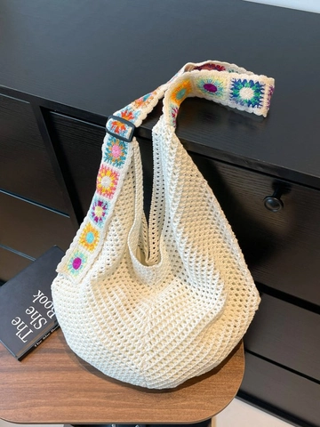 Damen Gestrickte Häkel-Tragetasche Große Kapazität Ausschnitt Floral Schultertasche Boho Urlaub Strand Handtasche Lässige Tasche