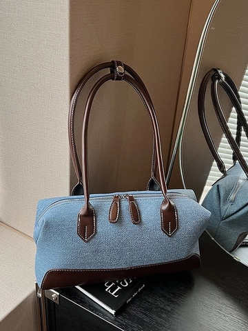 Bolso de Axila para Mujer Gran Capacidad Denim PU Patchwork Casual Retro Color de Contraste Bolso de Hombro Urbano