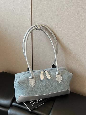 Bolso de Axila para Mujer Gran Capacidad Denim PU Patchwork Casual Retro Color de Contraste Bolso de Hombro Urbano