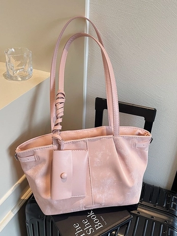 Sac Fourre-tout en Cuir PU Grande Capacité pour Femmes Sac à Bandoulière Plissé Minimaliste Avec Mini Pochette Navette