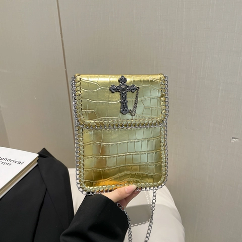 Women Gothic Punk Crossbody Phone Bag Crocodile Pattern PU Leather Chain Strap Shoulder Small Bag Metal Cross Decor Handbag