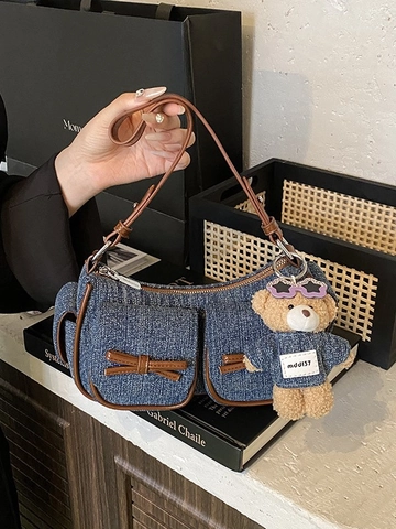 Sac Sous le Bras en Denim Vintage pour Femme Design Élégant de Nœud Multi Poches Sac à Bandoulière Garniture en Cuir PU Petit Sac avec Pendentif Ours