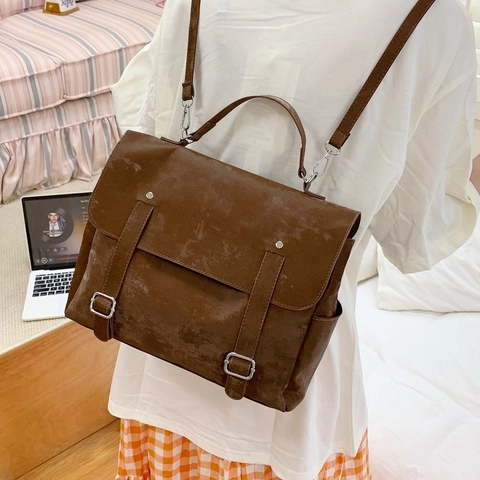 Vintage PU Leather Cambridge Backpack For Women Multifunctional Preppy Style Handbag Shoulder Bag Solid Color School Bookbag
