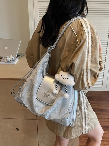 Fashion Women Shoulder Bag PU Leather Tote With Star Decor Rivets And Cloud Pendant Large Capacity Casual Travel Handbag