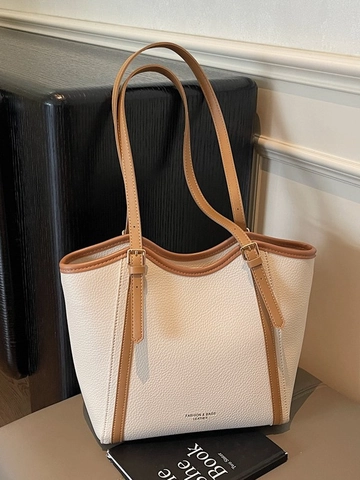 Women's Large Capacity PU Leather Tote Bag Minimalist Contrast Color Commuter Shoulder Bag With Adjustable Straps