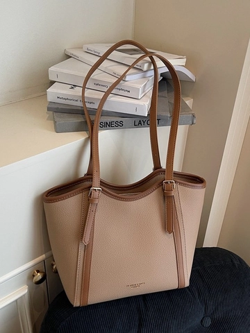Women's Large Capacity PU Leather Tote Bag Minimalist Contrast Color Commuter Shoulder Bag With Adjustable Straps