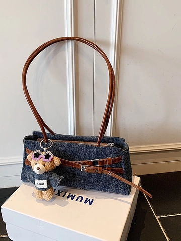 Borsa a Tracolla in Denim Vintage Y2K per Donna Moda Blu Jean Borsa da Sottobraccio Con Ciondolo a Orsetto Retro Cinturino in PU Borsa Hobo