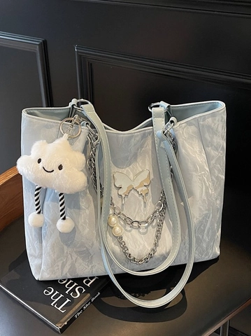 Große Kapazität Damen Tragetasche Aus PU Leder Knitter Wasserwelle Textur Schmetterling Perle Charm Schulter Pendeltasche