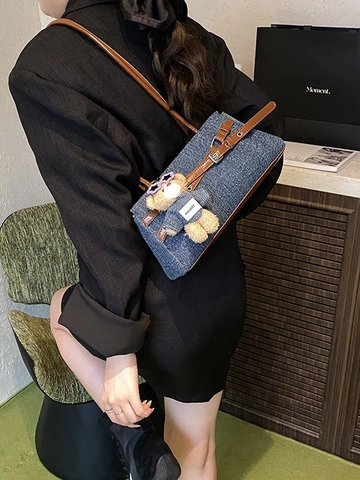 Borsa a Tracolla in Denim Vintage Y2K per Donna Moda Blu Jean Borsa da Sottobraccio Con Ciondolo a Orsetto Retro Cinturino in PU Borsa Hobo