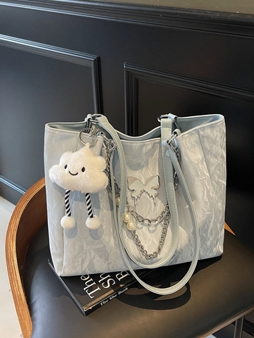 Große Kapazität Damen Tragetasche Aus PU Leder Knitter Wasserwelle Textur Schmetterling Perle Charm Schulter Pendeltasche