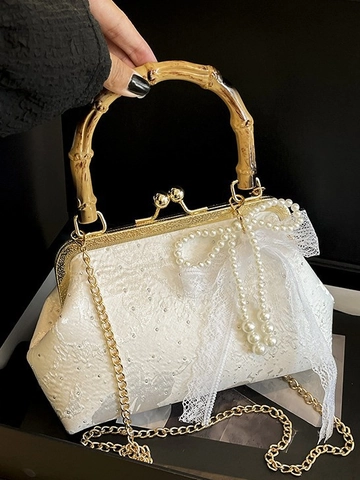 Borsa a Tracolla Vintage con Fiocco in Pizzo e Manico in Bambù per Donna Elegante Decorazione di Perle Borsa da Sera