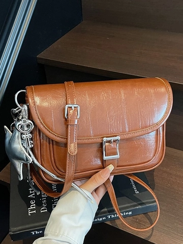 Retro PU Leather Crossbody Bag For Women Urban Simple Small Square Bag With Star Charm Commuting Shoulder Bag