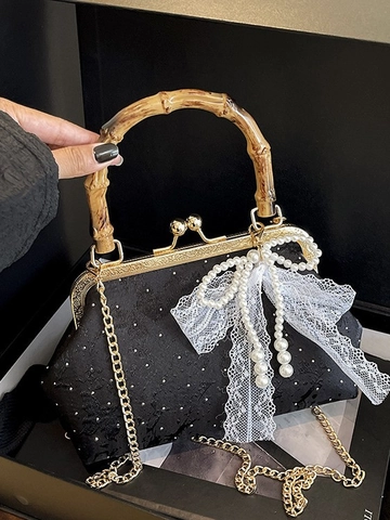 Borsa a Tracolla Vintage con Fiocco in Pizzo e Manico in Bambù per Donna Elegante Decorazione di Perle Borsa da Sera