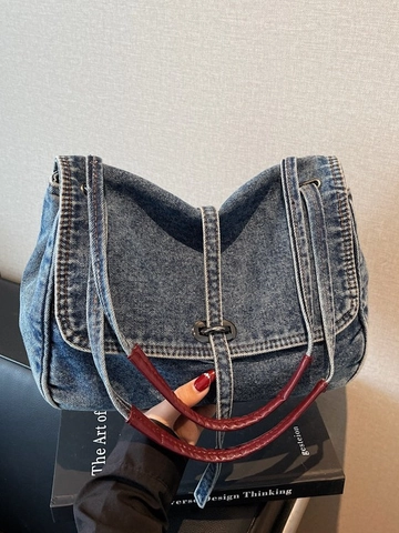 Bolso Tote de Mezclilla Lavada Vintage para Mujer de Gran Capacidad Moda Desplazamientos Bolso de Hombro Con Asa de Color Contrastado Bolso Hobo Retro