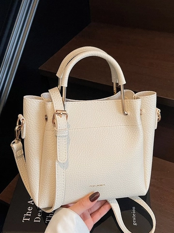 Sac Cabas Minimaliste en Cuir PU pour Femmes Motif Litchi Poignée Métallique Bandoulière Réglable Sac à Main Mode