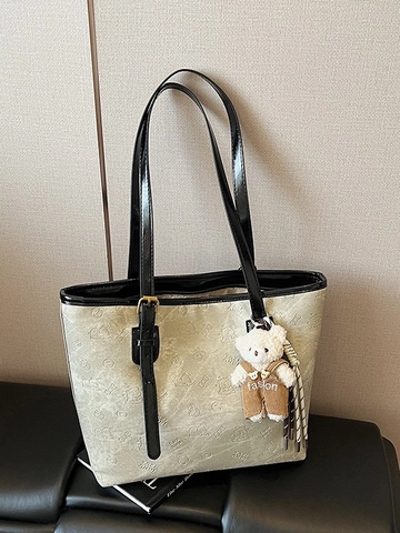 Vintage Embossed Tote Bag For Women Large Capacity Bear Pattern PU Leather Handbag With Plush Teddy Pendant Shoulder Bag