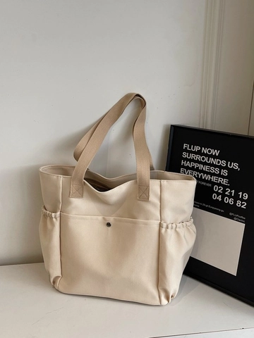 Women Large Capacity Canvas Tote Bag Casual School Commute Shoulder Bag With Side Pockets Multi Pocket Solid Color Bag