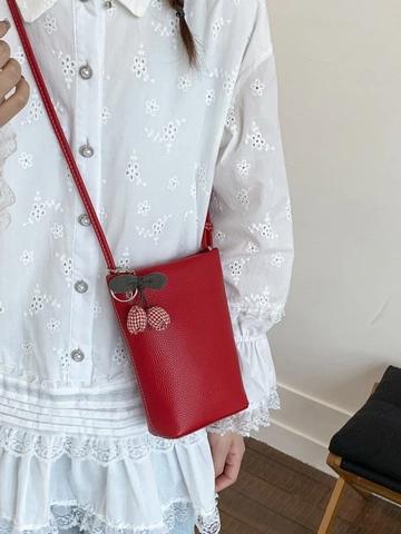 Damen Minimalistische PU Leder Umhängetasche Eimerform Litschikorn Mit Kirschanhänger Raffinierter Retro Stil Kleine Schultertasche
