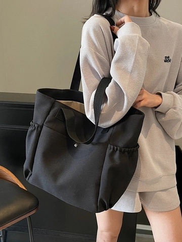 Women Large Capacity Canvas Tote Bag Casual School Commute Shoulder Bag With Side Pockets Multi Pocket Solid Color Bag