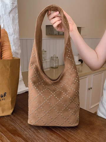 Vintage PU Suede Texture Rivet Bucket Bag For Women Diamond Lattice Studded Hobo Bag Retro Large Capacity Motorcycle Shoulder Bag