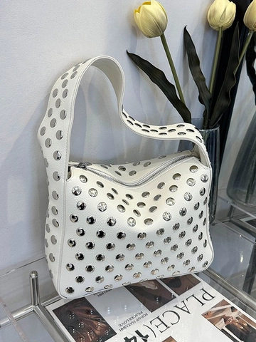 Women Retro Rivet Small Square Bag Fashion PU Leather Motorcycle Shoulder Bag Large Capacity Solid Color Handbag Punk Satchel