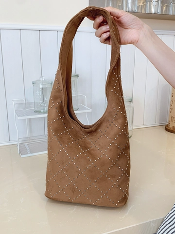 Vintage PU Suede Texture Rivet Bucket Bag For Women Diamond Lattice Studded Hobo Bag Retro Large Capacity Motorcycle Shoulder Bag