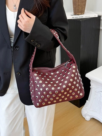 Women Retro Rivet Small Square Bag Fashion PU Leather Motorcycle Shoulder Bag Large Capacity Solid Color Handbag Punk Satchel