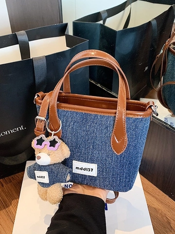 Dames Denim Emmertas Met Teddybeer Hanger PU Leren Bies Kleine Handtas Schouder Crossbodytas Casual Dagelijkse Tote