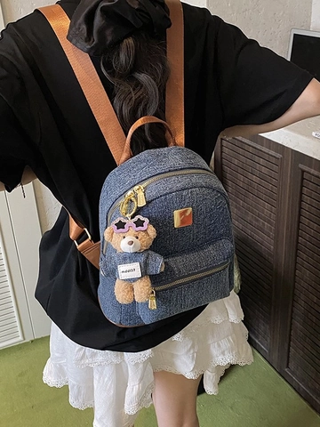 Mode Damen Denim Rucksack Große Kapazität Freizeit Reisetasche Mit Teddybär Schlüsselanhänger Pendeln Schule Student Schultertasche