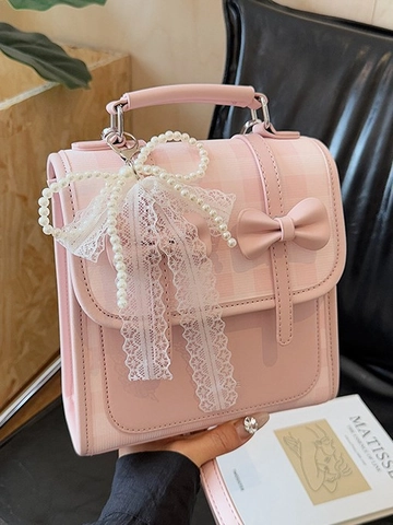 Damen Süß Preppy PU Leder Rucksack Mit Spitze Schleife Künstliche Perle Anhänger Karo Eimer Tasche Schultertasche
