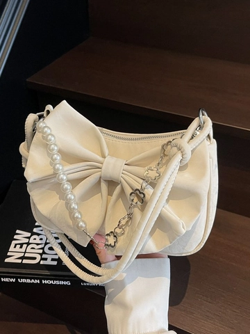 Bolso de axila con lazo para mujer de cuero PU con cadena de perlas artificiales Bolso de hombro cruzado Estilo dulce