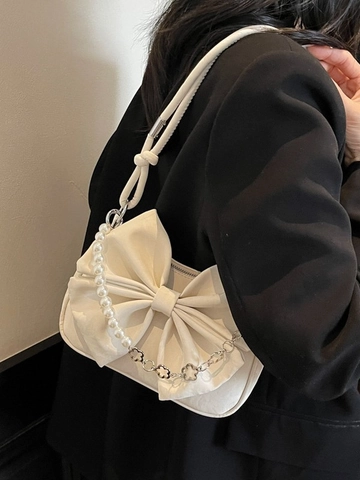Bolso de axila con lazo para mujer de cuero PU con cadena de perlas artificiales Bolso de hombro cruzado Estilo dulce