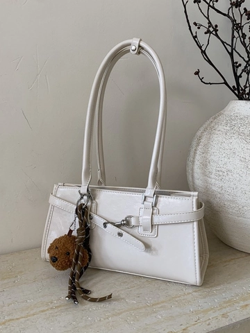 Retro PU Leather Baguette Bag Women Shoulder Underarm Bag With Plush Dog Charm Bow Stitching Handbag Commuting Casual Purse