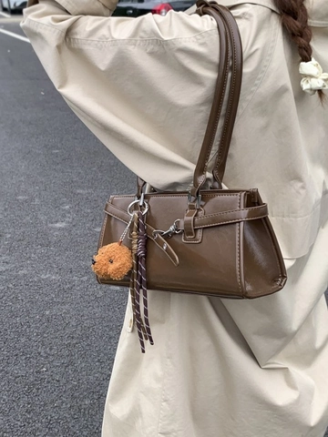 Retro PU Leather Baguette Bag Women Shoulder Underarm Bag With Plush Dog Charm Bow Stitching Handbag Commuting Casual Purse