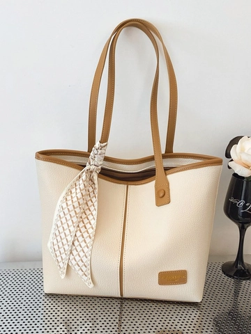 Women Large Capacity PU Leather Tote Bag With Silk Scarf Urban Minimalist Style Commuter Shoulder Bag Handbag Daily Use