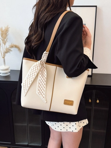 Women Large Capacity PU Leather Tote Bag With Silk Scarf Urban Minimalist Style Commuter Shoulder Bag Handbag Daily Use