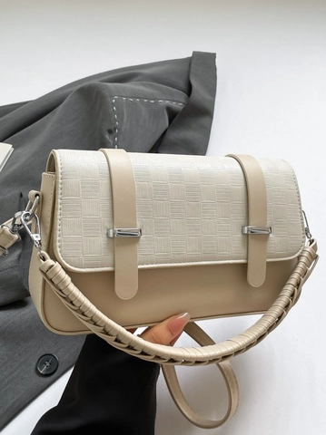 Women Fashion PU Leather Underarm Bag Commuting Shoulder Crossbody Bag With Braided Handle Checkerboard Embossed Square Bag